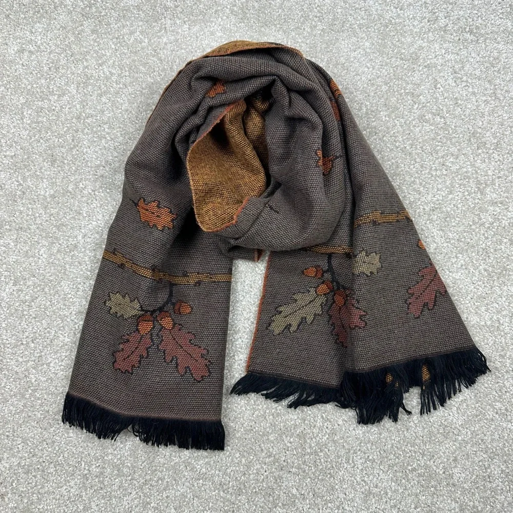 Vintage Made in France Autumn Oak Leaf Acorn Scarf Brown Orange Fringe Woven